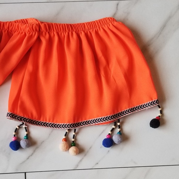 Love J Pompom Off the Shoulder Orange Boho Top - Picture 5 of 8